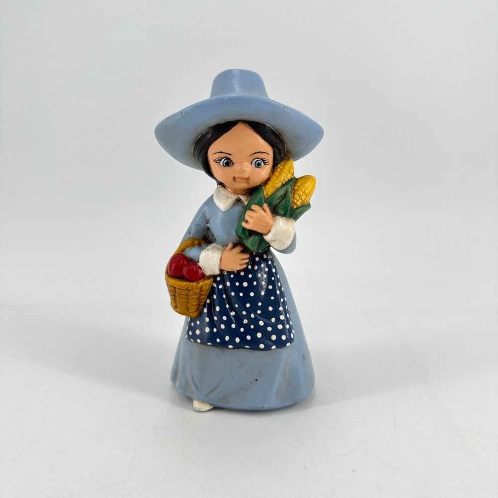 Vintage Ceramic Harvest Girl Figurine Blue Dress Polka Dot Apron Corn Apples